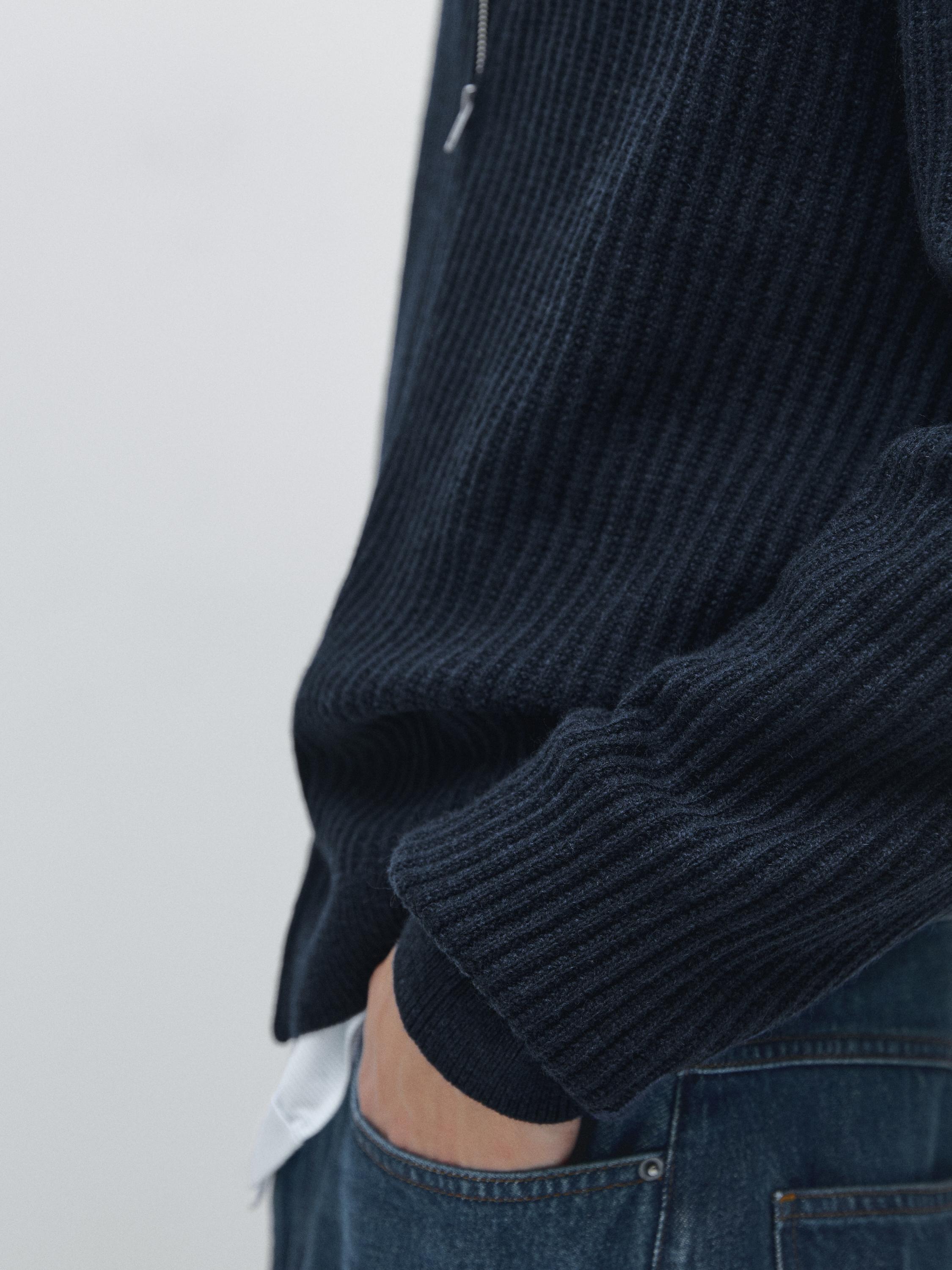 Cardigan côtelé zippé en coton et laine